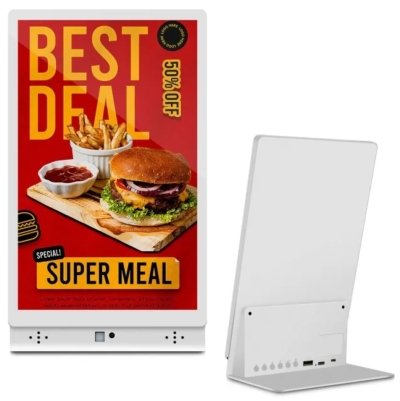 10.1&quot; White L-Shape Digital Signage Display - Free RTOS, IPS, Motion Sensor, Power Bank Compatible for Desktop Advertising, Coffè Shop, Restaurant